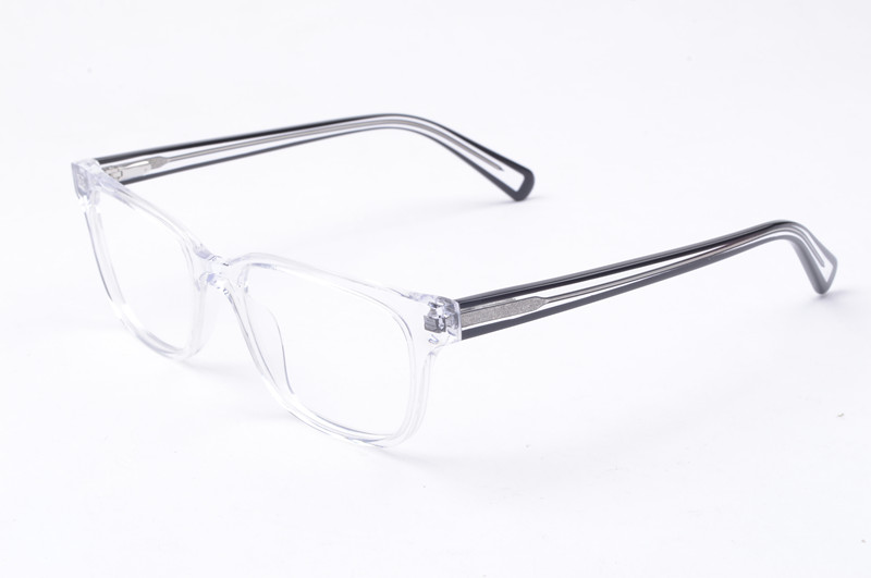 Clear acetate optical frame with dark metal temples on a white background