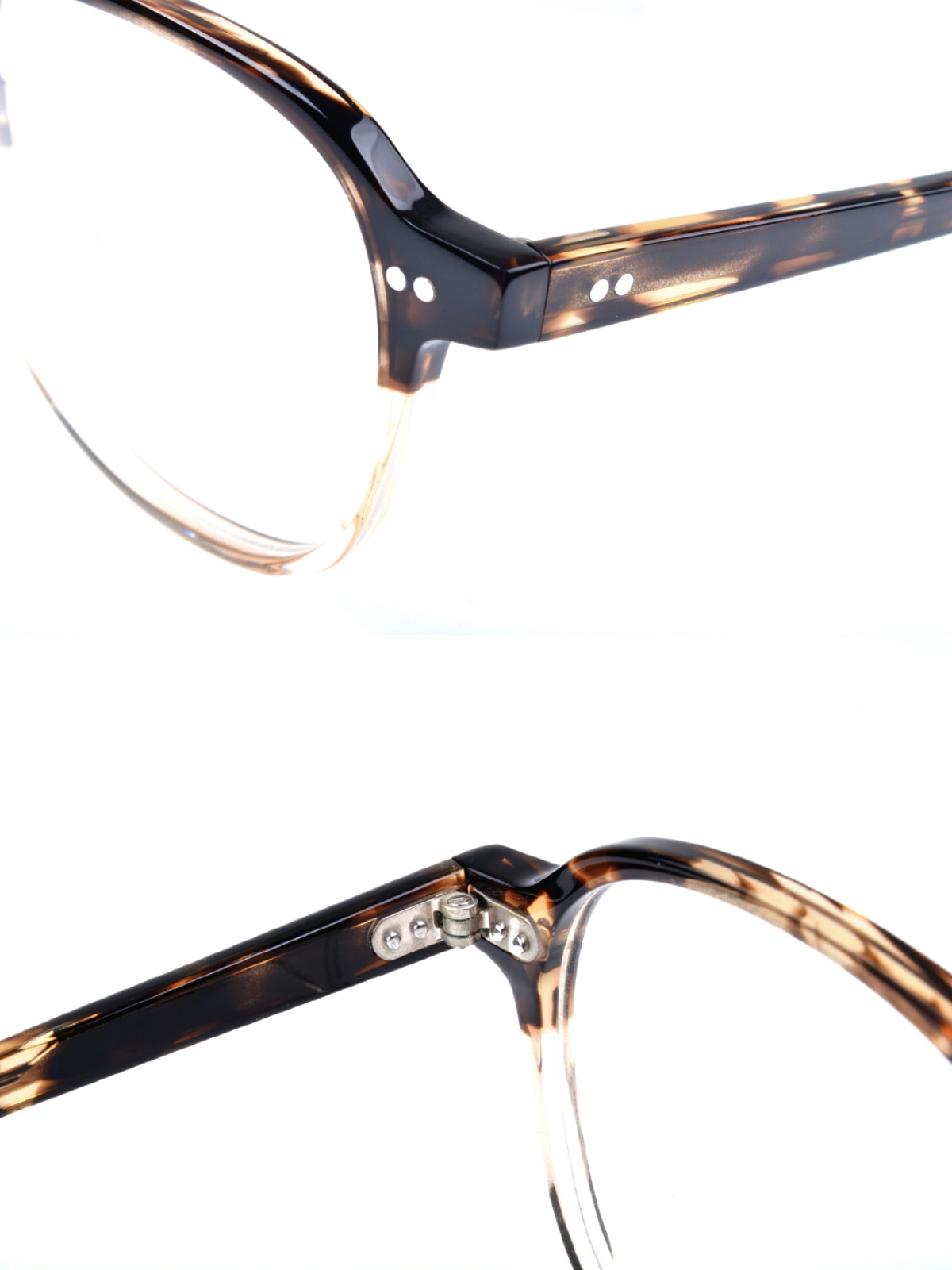 Black acetate eyeglass frame showing a recessed hinge with rivets