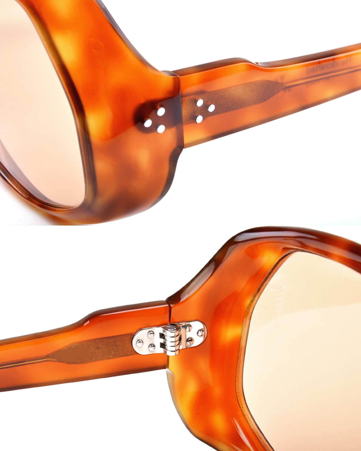 Close-up of a tortoiseshell acetate frame with a multi-rivet hinge