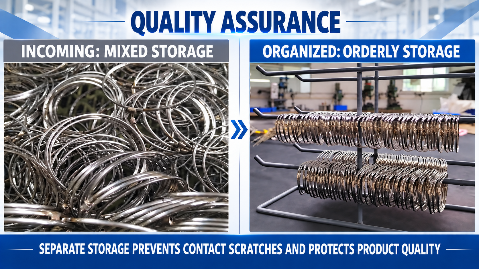 Metal accessories arranged separately on a rack to prevent contact scratches