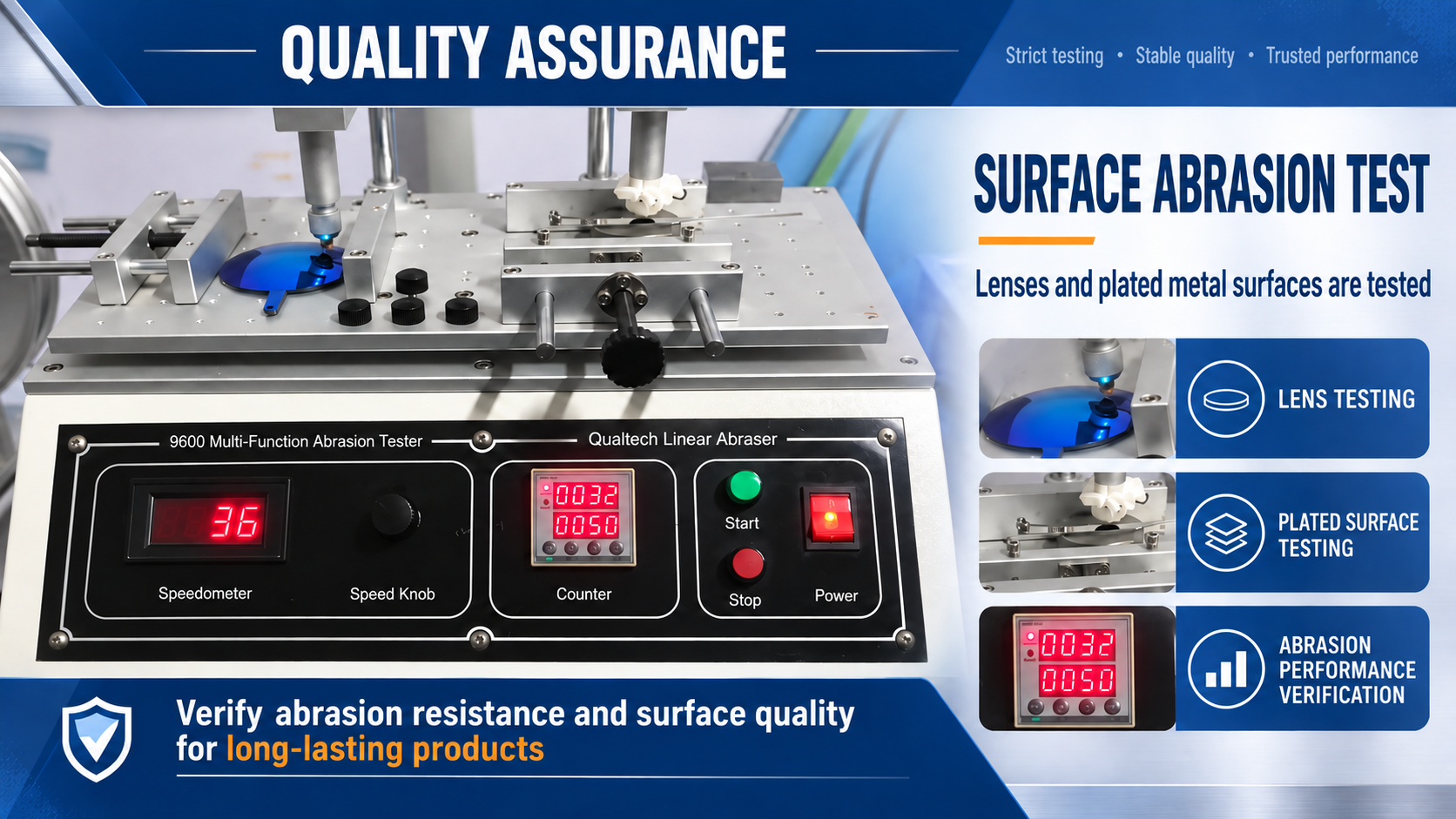 Surface abrasion testing machine checking a blue lens and plated metal surfaces