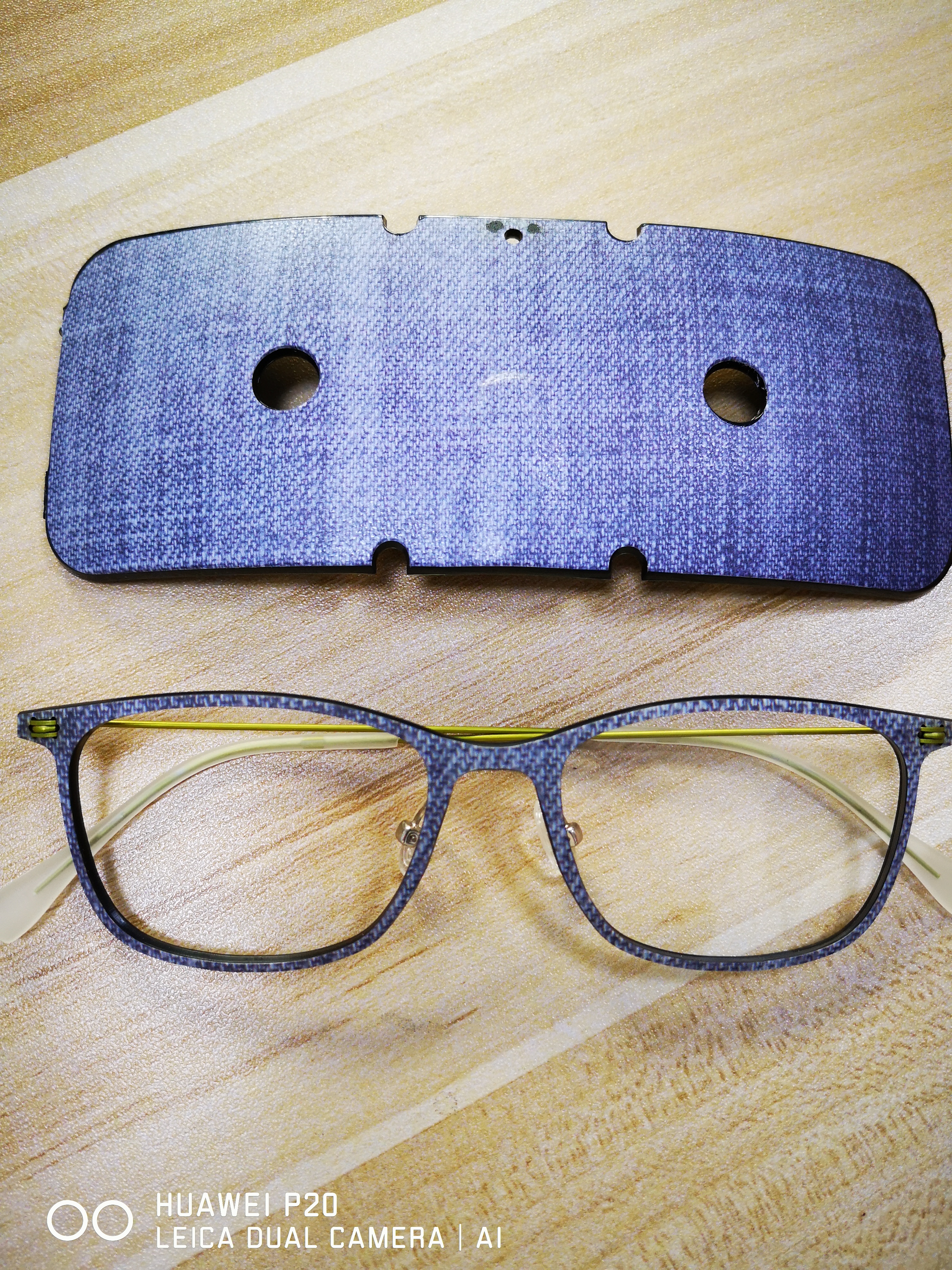 Blue patterned TR90 sheet and a finished optical frame made from the sheet